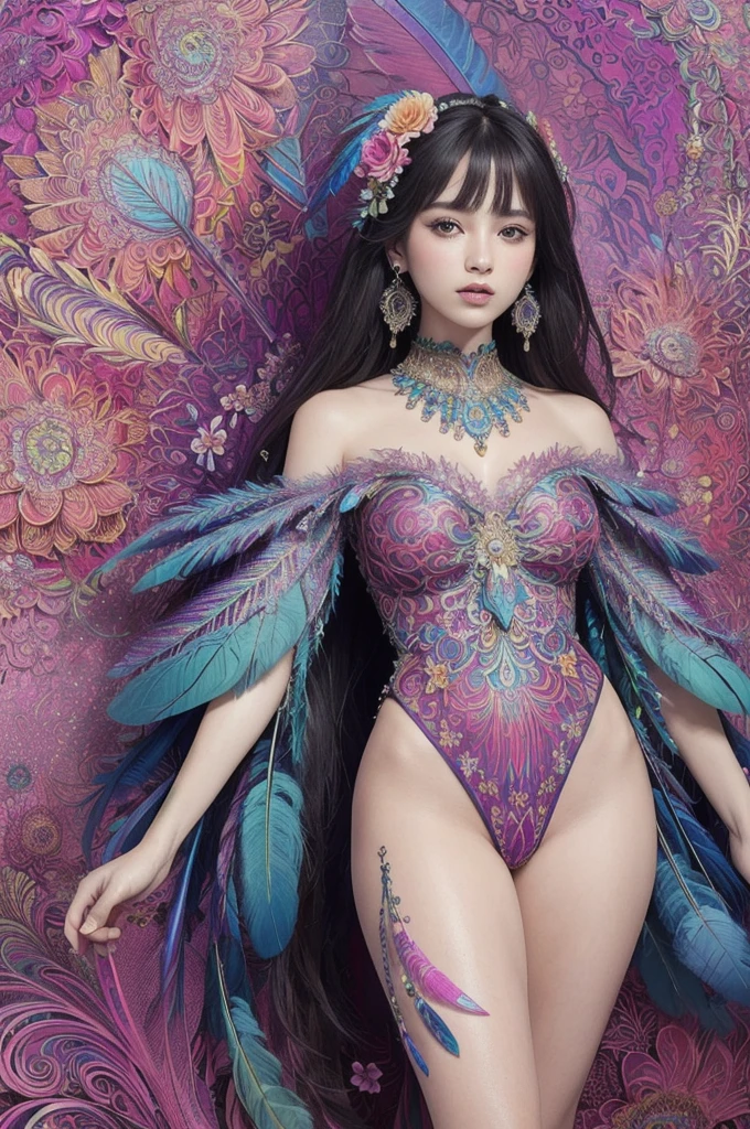 (masterpiece, top quality, best quality, official art, beautiful and aesthetic:1.2), (1girl:1.3), extremely detailed,(Fractal Art:1.1),(colorful:1.1)(flowers:1.3),highest detailed,(zentangle:1.2), full body, (abstract background:1.3), (shiny skin), (many colors:1.4), ,(earrings), (feathers:1.5),blue,rose,Serious look