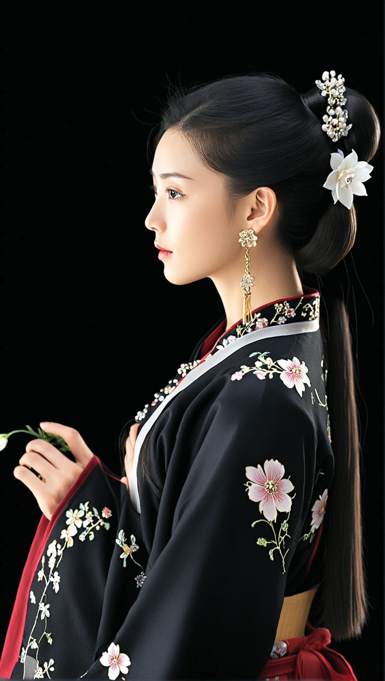 1girl, solo, long hair, simple background, black hair, hair ornament, long sleeves, dress, jewelry, collarbone, flower, earrings, hair bun, looking to the side, profile, looking away, chinese clothes, single hair bun, own hands together, black background, realistic, hanfu