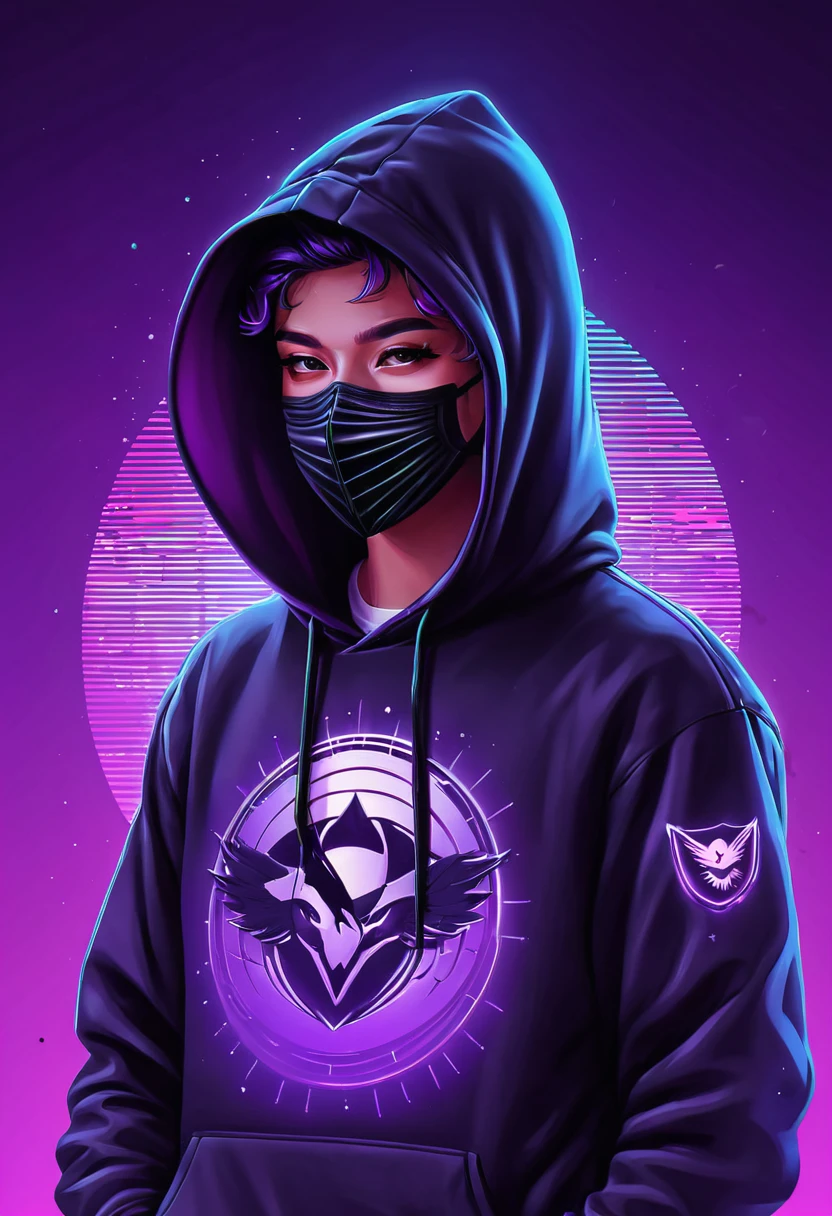 vector illustration, Minimalism, number, Vaporwave style, Beautiful and detailed illustrations, A little more purple，
Wearing a black hoodie with a crow pattern，Hacker working in front wearing mask, T-shirt design, dramatic lighting, Tren-ding on Artstation, Award-winning, IconHighly detailed