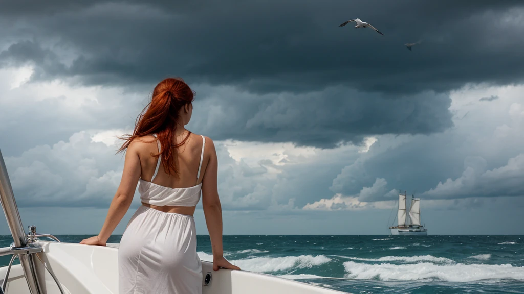 back view, topless redhead Greek goddess, pony tail,  staring at the sea from a sailboat. seagulls. stormy clouds, stormy sea


