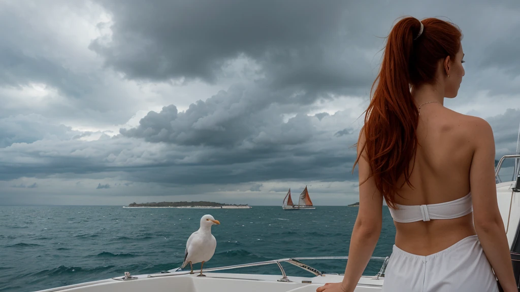 back view, topless redhead Greek goddess, pony tail, staring at the sea from a sailboat. seagulls. stormy clouds, stormy sea