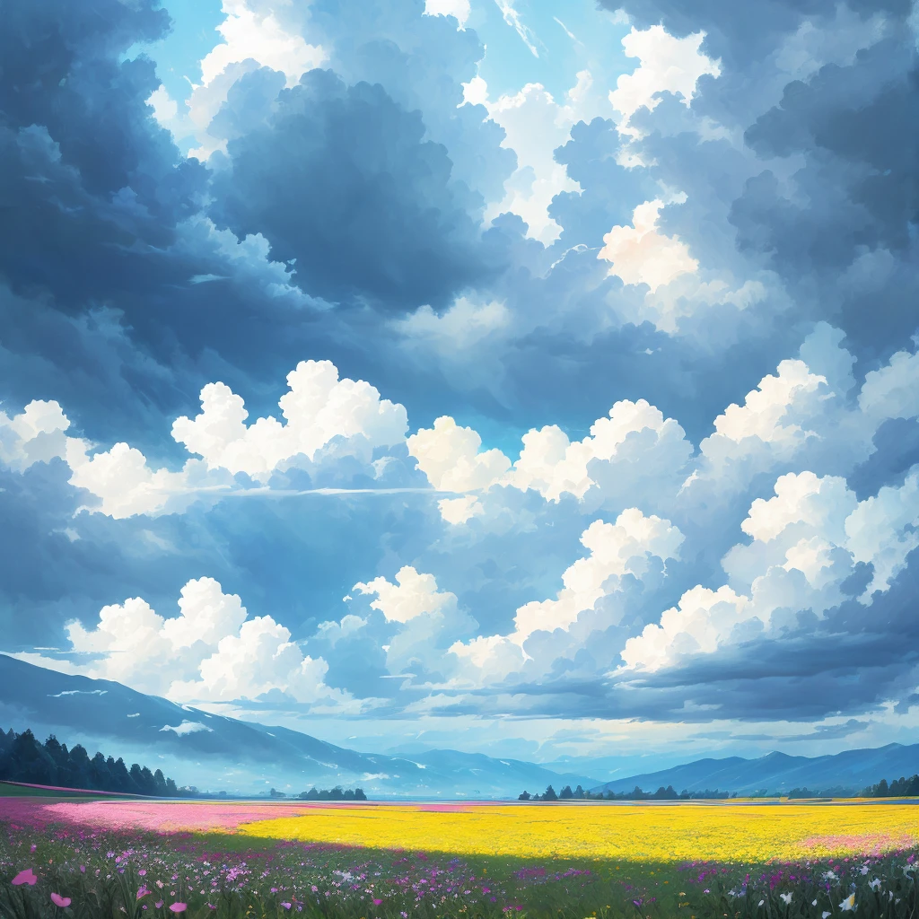 grassland、Flower Field、rain、Cloudy、horizon,there is nothing