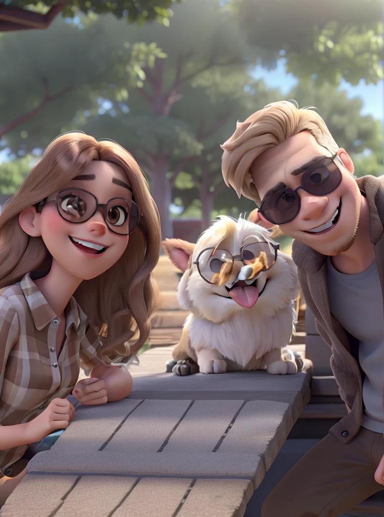 Light skinned woman with blonde hair wearing ray ban sunglasses. Young man with brown hair, beard and wearing ray-ban sunglasses. White and brown shitzu dog with tongue out. Pixar-style.