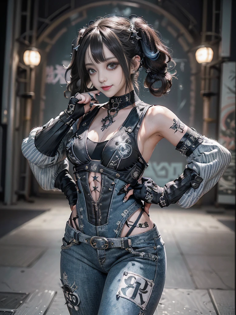 (Full Body View:1.4)、(Side view:1.1)、(Smiling with teeth showing:1.3),(Shibuya Gal:1.5)、(Gothic Lolita style fashion:1.5)、(Punk RockVisual Kei:1.5)、(Wearing a rhythmic gymnastics bodysuit with intricate details:1.4)、(Racing suit and pants with intricate decorations in white, denim and charcoal:1.5)、(Denim and light blue and white boots:1.3)、((belt))、(Numerous delicate logo marks all over the costume:1.4)、(collar:1.3)、(Striped underwear:1.5)、30 years old、NSFW、((Highest quality、In 8K、masterpiece:1.3))、Sharp focus:1.2、(Layered Cut、Huge boobs:1.1),Beautiful woman with perfect figure:1.4、(Dancing vigorously:1.3)、Slender Abs:1.2、Highly detailed face and skin texture、Detailed eyes、double eyelid,(Twin tails:1.3)、(Brown Hair:1.3)、Gravure idol、(The background is the stage of the fashion show:1.3)、(Slim body:1.3),(Make your legs thinner:1.4),(clavicle:1.1)、(Thin and slim thighs:1.3)