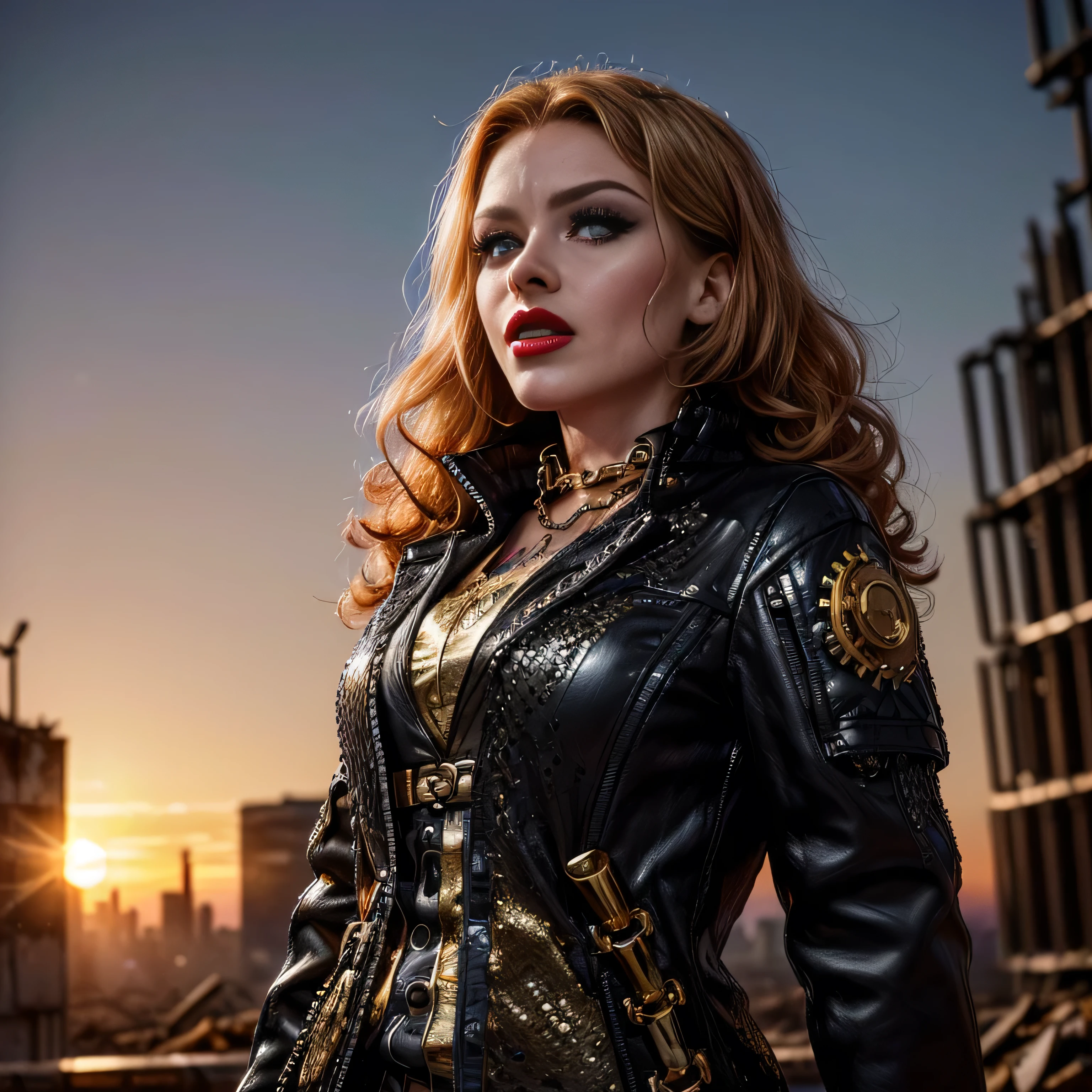 ((masterpiece, photorealistic:1.4, extremely intricate:1.3, photon mapping, radiosity, physically based rendering, ultra resolution, hyper-realistic, photorealistic:1.4, hyper-realistic, 8K)), (((athletic female assassin, long curly [blonde hair:bright ginger hair:0.4], (([flat chest:medium breasts:0.8])), upper body, ((makeup:1.6, perfectchainmail, gold clockwork, black jacket), red lips, bright sunlight, sunset, tattoo:1.4, silk shirt)))), outdoors, metal reflections, ((((futuristic apocalyptic city destroyed, faraway crater)))), professional photograph, soft focus, dramatic, award winning, cinematic lighting, volumetrics dtx, (film grain, blurry background, blurry foreground, bokeh, depth of field), 8K