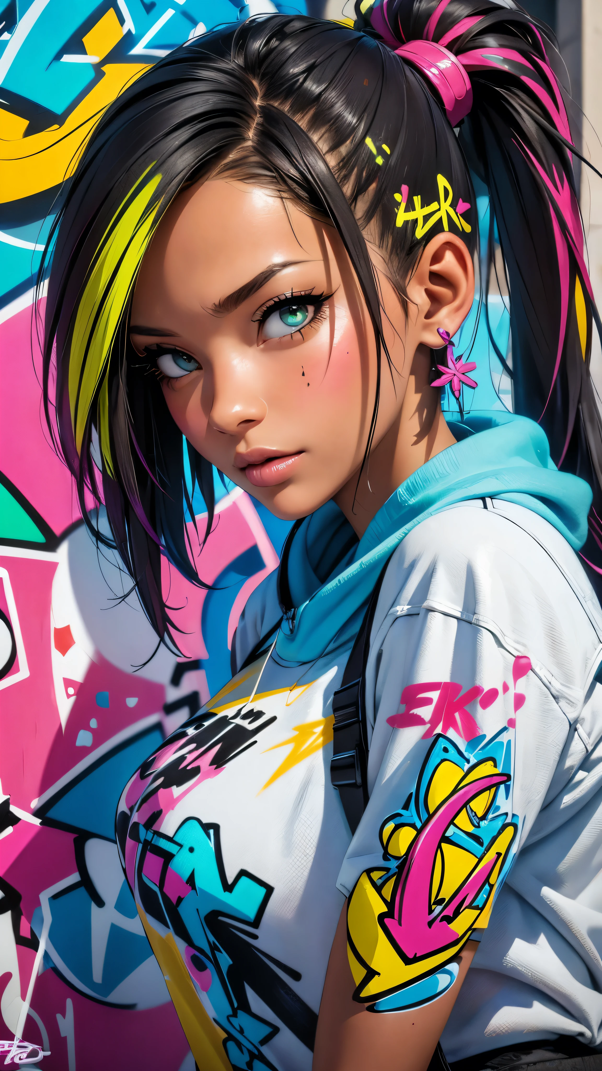 (best quality), (high detail), (vivid colors), (graffiti style), (freestyle), (Close up), (1girl), young sexy female graffiti artist, spraying graffiti on a wall painted with street art, HDR, 8K, 3D, graffiti art style.