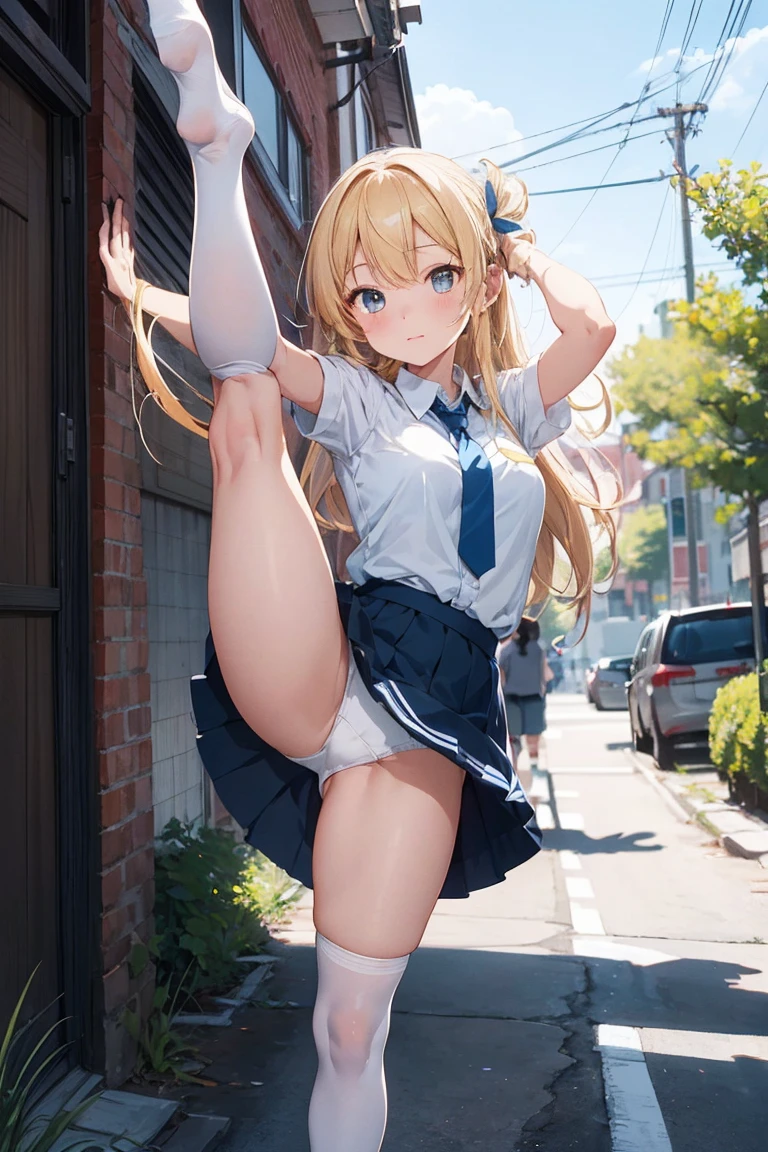 Very nice and beautiful, Anime Style, pretty girl, (Standing Split, Standing on one leg:1.2), One Girl, Long Hair, Blonde hair, Yellow ribbon, White shirt, White panties, Blue tie, Blue Skirt, Black knee-high socks, (Thin thighs: 1.1), plein air, wind