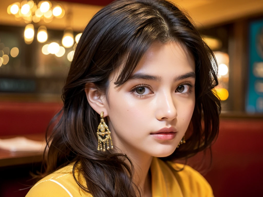 ((best quality)), ((masterpiece)), (detailed), perfect face, ager 19 year old girl ,surreal, indian girl, (high resolution), (8K), ((extremely detailed)), (best illustration),beautiful detailed round eyes ,brown hairs, (best quality), (super detailed), (masterpiece), (detailed face), best quality, big breasts ,wearing beautiful yellow traditional , winter clothes tide leggy , with beautiful earing , Seductive body ,long black curly hair ,Super chic face detail, Super detailed lips)), ((Detailed eyes, in restaurant