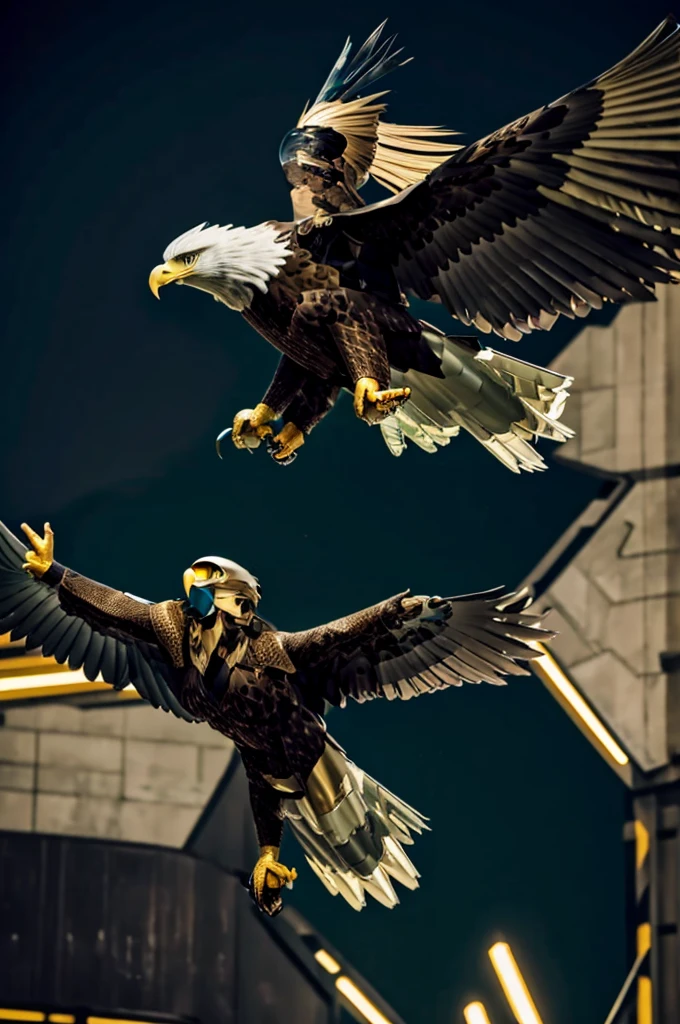 A flexible and adaptable suit of a superheroine Woman Called Chimera, dark green with golden details that adjusts to her transformations.. He wears a belt with biotechnology tools and a multifunctional visor that helps him analyze the environment AND he has eagle wings . his entire body