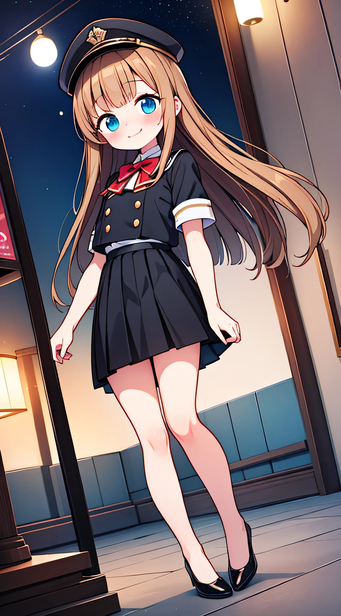{Highest quality}, {Super beautiful},{Ultra fine},{Best illustration},Brown Hair,Hime cut,semi-long,Bangs,Standing Woman,Uniform cap,White Shirt,Short sleeve,Long black skirt,Night Park,Embarrassed,smilingly,Blushing,Slender women, A woman wearing plain black pumps,Bare feet and pumps,From an angle,From above,Inner thighs