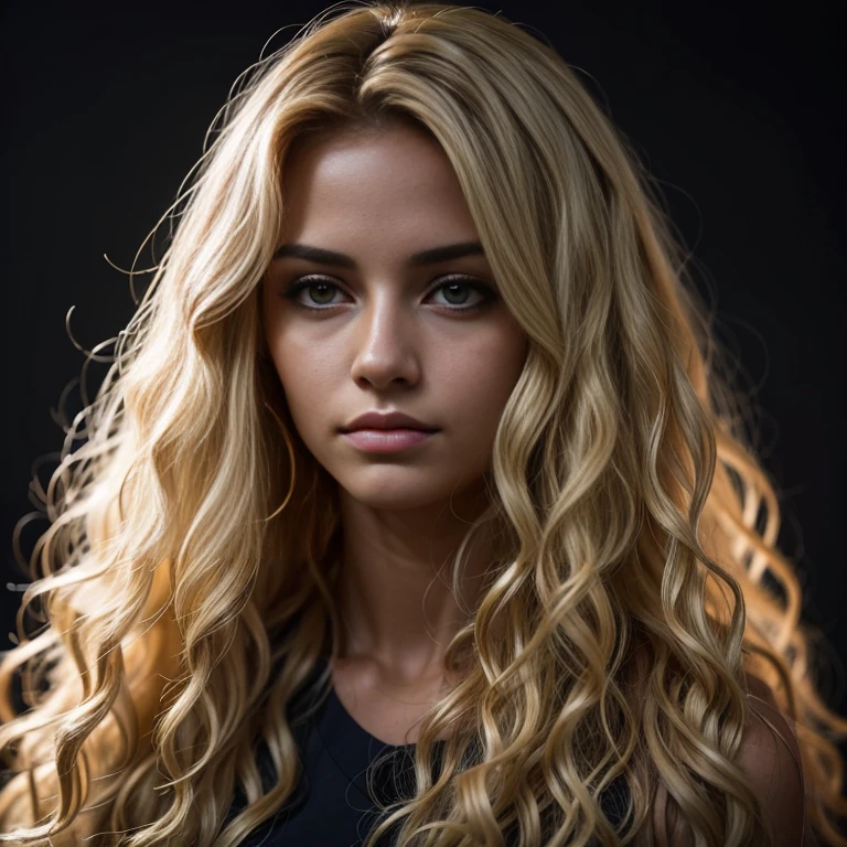 A brazilian woman with long, curly blonde hair looks intently ahead against a dark background.