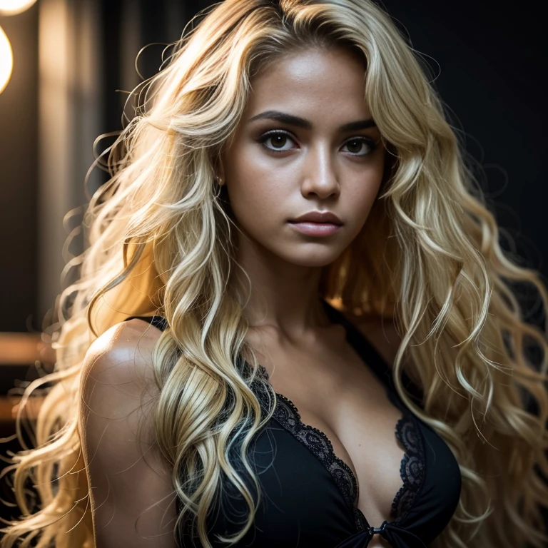 A brazilian woman with long, curly blonde hair looks intently ahead against a dark background.