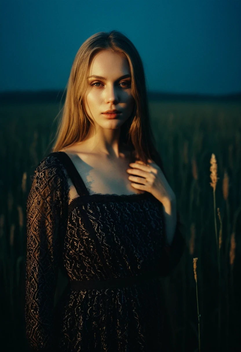 "memories are the water of life" (Misterious mood Soft Lighting Photography), stunning medium format analog photo, TWbabeXL01 beautiful (woman), A beautiful ((evil slavic woman)), pale skin, long dark blond hair, dynamic model pose, over the shoulde wide view, black over black background, highly detailed, detailed realistic photography, masterpiece half-body photo, finely detailed skin, emotional, professional color grading, epiCPhoto, OverallDetailXL analog grain, Fujifilm Astia, low contrast, OverallDetailXL, dark fantasy, photo dress that has the patterns of burning fire, standing in a foggy field, liminal lighting, dslr, detailed quality, face covered by dark veil 