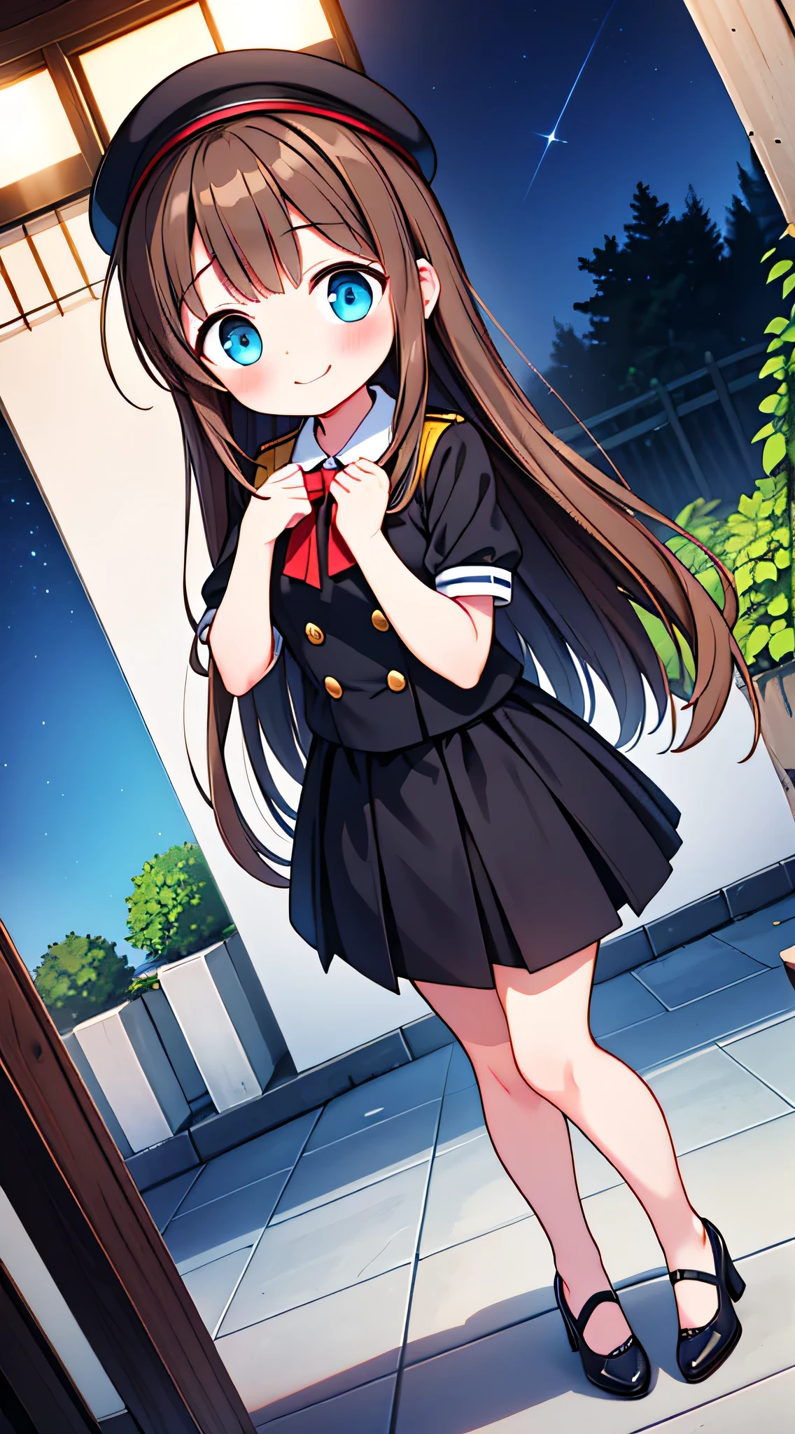 {Highest quality}, {Super beautiful},{Ultra fine},{Best illustration},Brown Hair,Hime cut,semi-long,Bangs,Standing Woman,Uniform cap,White Shirt,Short sleeve,Long black skirt,Night Park,Embarrassed,smilingly,Blushing,Slender women, A woman wearing plain black pumps,Bare feet and pumps,From an angle,From above,Inner thighs
