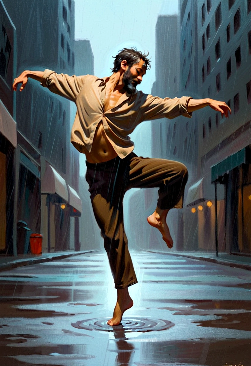 Late Night Soul Dancer Mark,A homeless man dancing alone in the rain， souls，Look up，Barefoot，White loose worn clothes，Professional ballet movements，1Butterflies chasing fingertips，Very contagious，Splash，Light and Shadow，Minimalism，artistic conception，Clean background