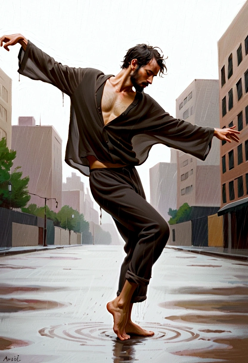 Soul Dancer Mark,A homeless man dancing alone in the rain, souls,Barefoot,Loose and worn clothes,Professional ballet movements,Fingertips 1 butterfly,Very contagious,Splash,Light and Shadow,Minimalism,artistic conception,Clean background