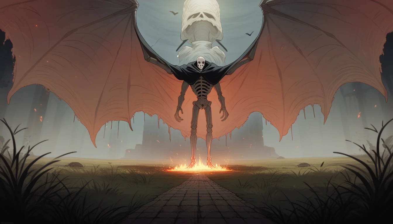 dark fantasy aestetics, elden ring, elden ring style dark night, dim light, huge wings made of grey and blue fire, death reaper, black cloak, skeleton covered in grey fire, horrifing beauty, standing with the scythe, big grass field on the background, dark fantasy, horror, dnd, atmospheric perspective, perspective, wide shot, 4K, 8k, highres, high quality, masterpiece, best quality