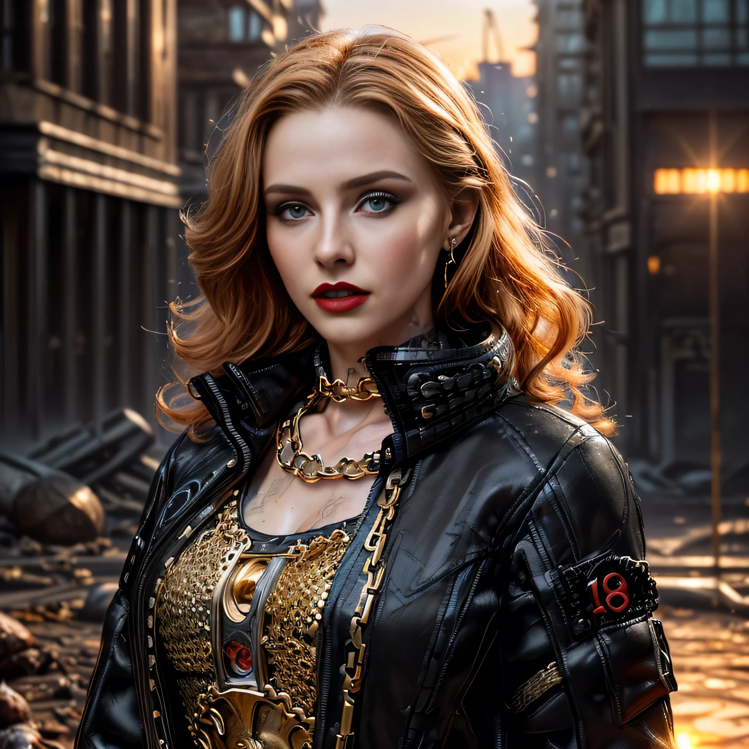 ((masterpiece, photorealistic:1.4, extremely intricate:1.3, photon mapping, radiosity, physically based rendering, ultra resolution, hyper-realistic, photorealistic:1.4, hyper-realistic, 8K)), (((athletic female assassin, long curly [blonde hair:bright ginger hair:0.4], (([flat chest:medium breasts:0.8])), upper body, ((makeup:1.6, perfectchainmail, gold clockwork, black jacket), red lips, bright sunlight, sunset, tattoo:1.4, silk shirt)))), outdoors, metal reflections, ((((futuristic apocalyptic city destroyed, faraway crater)))), professional photograph, soft focus, dramatic, award winning, cinematic lighting, volumetrics dtx, (film grain, blurry background, blurry foreground, bokeh, depth of field), 8K