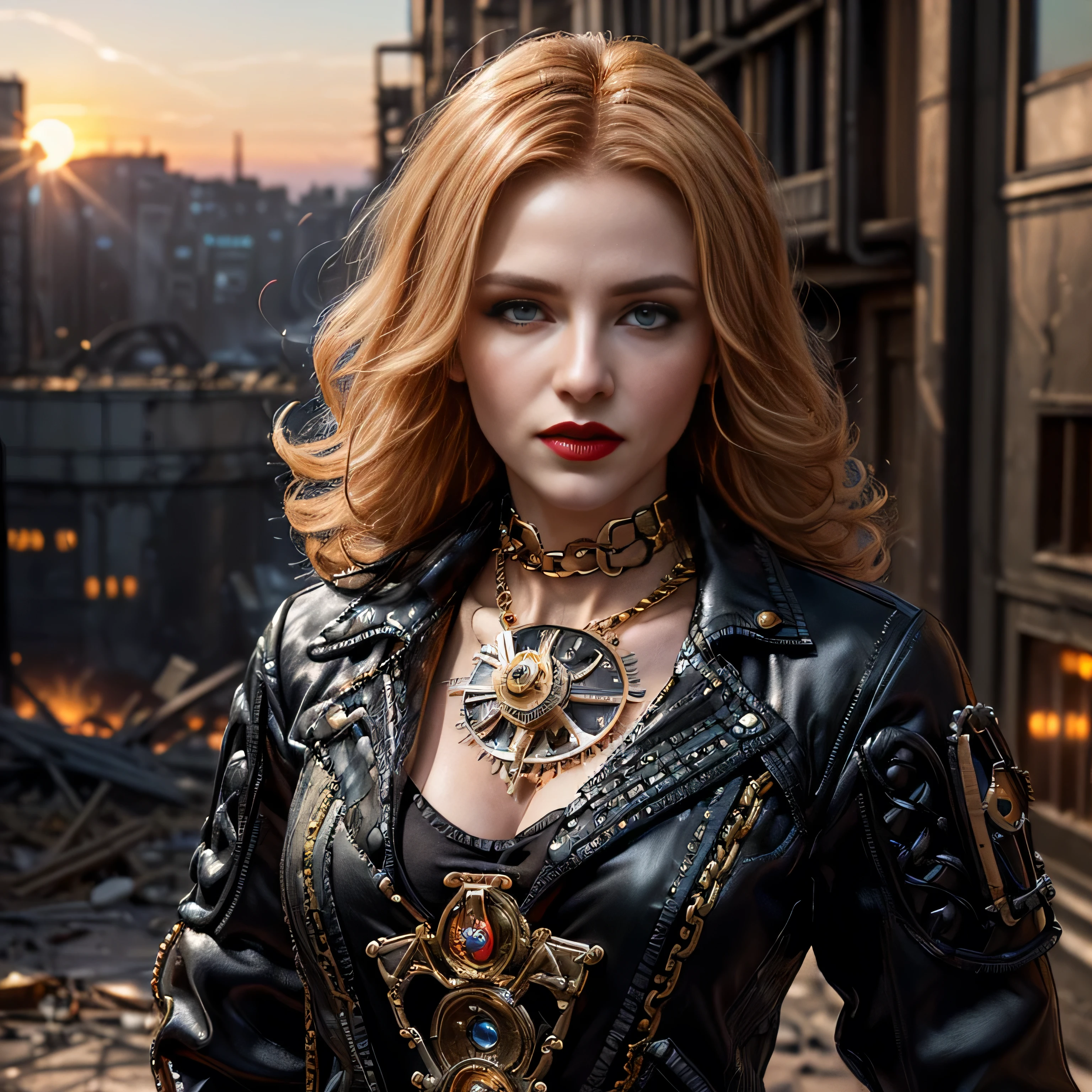 ((masterpiece, photorealistic:1.4, extremely intricate:1.3, photon mapping, radiosity, physically based rendering, ultra resolution, hyper-realistic, photorealistic:1.4, hyper-realistic, 8K)), (((athletic female assassin, long curly [blonde hair:bright ginger hair:0.4], (([flat chest:medium breasts:0.8])), upper body, ((makeup:1.6, perfectchainmail, gold clockwork, black jacket), red lips, bright sunlight, sunset, tattoo:1.4, silk shirt)))), outdoors, metal reflections, ((((futuristic apocalyptic city destroyed, faraway crater)))), professional photograph, soft focus, dramatic, award winning, cinematic lighting, volumetrics dtx, (film grain, blurry background, blurry foreground, bokeh, depth of field), 8K
