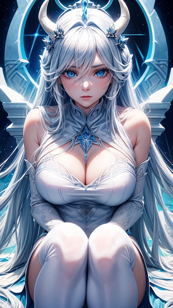 Best quality, cinematic image, detailed image, fantasy, detailed face, detailed beautiful blue eyes, ice goddess, Queen of Winter, horns, Throne room, everything is in ice, белая кожа, Very long white hair, bodycon white dress, Beautiful woman, high, cold look