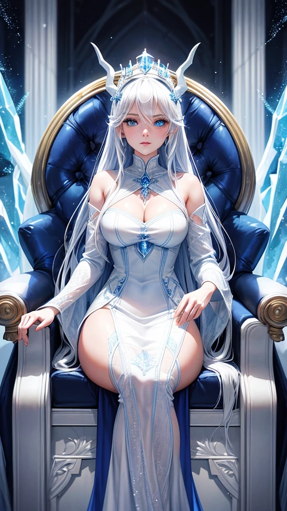 Best quality, cinematic image, detailed image, fantasy, detailed face, detailed beautiful blue eyes, ice goddess, Queen of Winter, horns, Throne room, everything is in ice, белая кожа, Very long white hair, bodycon white dress, Beautiful woman, high, cold look