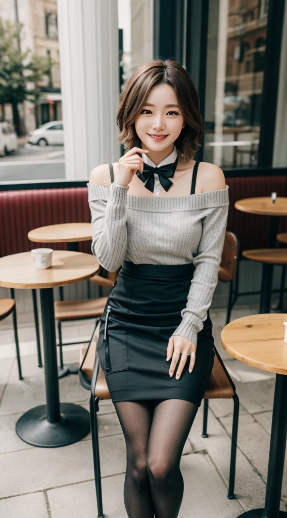 8k uhd, dslr,film grain, Fujifilm XT3,(best quality:1.3), (masterpiece:1.1), high resolution, cinematic light, intricate details, (photorealistic),outside,beautiful outside,sunny,
korean girl,(in cafe:1.5) , dimples, bobcut, looking at viewer, detailed trees, ribbons, bowties, bare shoulders, ribbed sweater,
pencil skirt, high-waist skirt, head rest, sitting, indoors,
necklace,black pantyhose, sheet transportation sweater, (smile),(full body:1.6),slender,