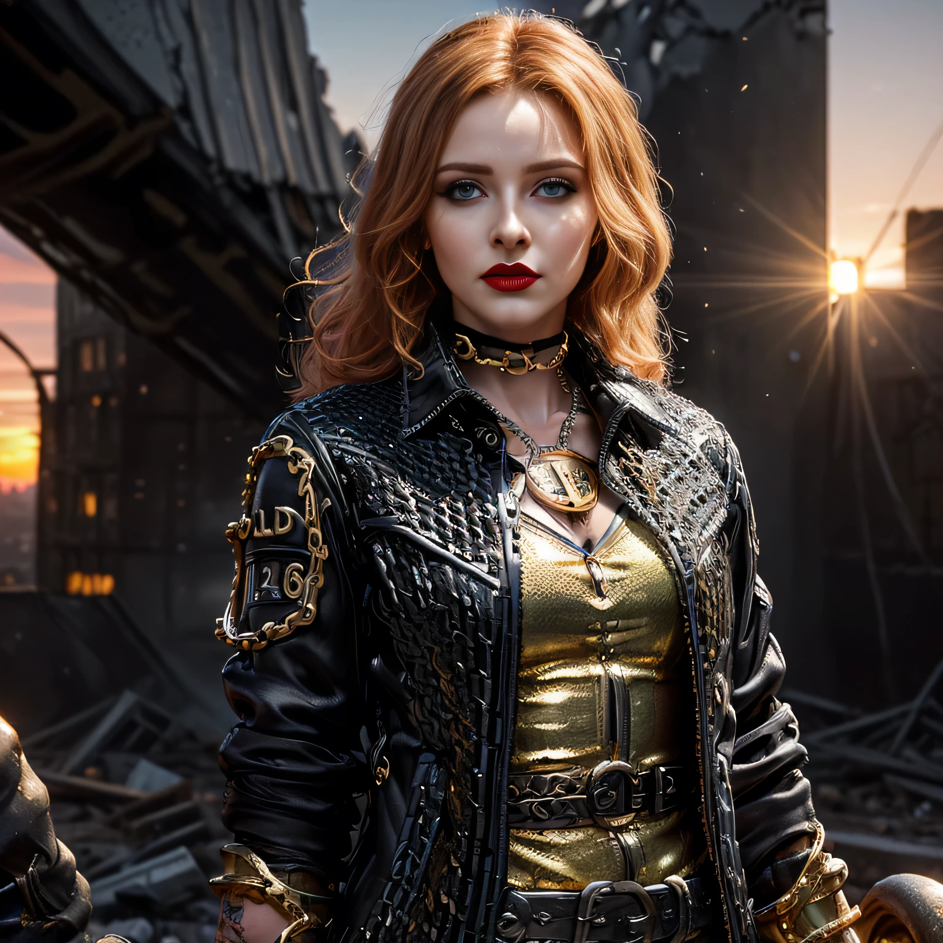 ((masterpiece, photorealistic:1.4, extremely intricate:1.3, photon mapping, radiosity, physically based rendering, ultra resolution, hyper-realistic, photorealistic:1.4, hyper-realistic, 8K)), (((athletic female assassin, long curly [blonde hair:bright ginger hair:0.4], (([flat chest:medium breasts:0.8])), upper body, ((makeup:1.6, perfectchainmail, gold clockwork, black jacket), red lips, bright sunlight, sunset, tattoo:1.4, silk shirt)))), outdoors, metal reflections, ((((futuristic apocalyptic city destroyed, faraway crater)))), professional photograph, soft focus, dramatic, award winning, cinematic lighting, volumetrics dtx, (film grain, blurry background, blurry foreground, bokeh, depth of field), 8K
