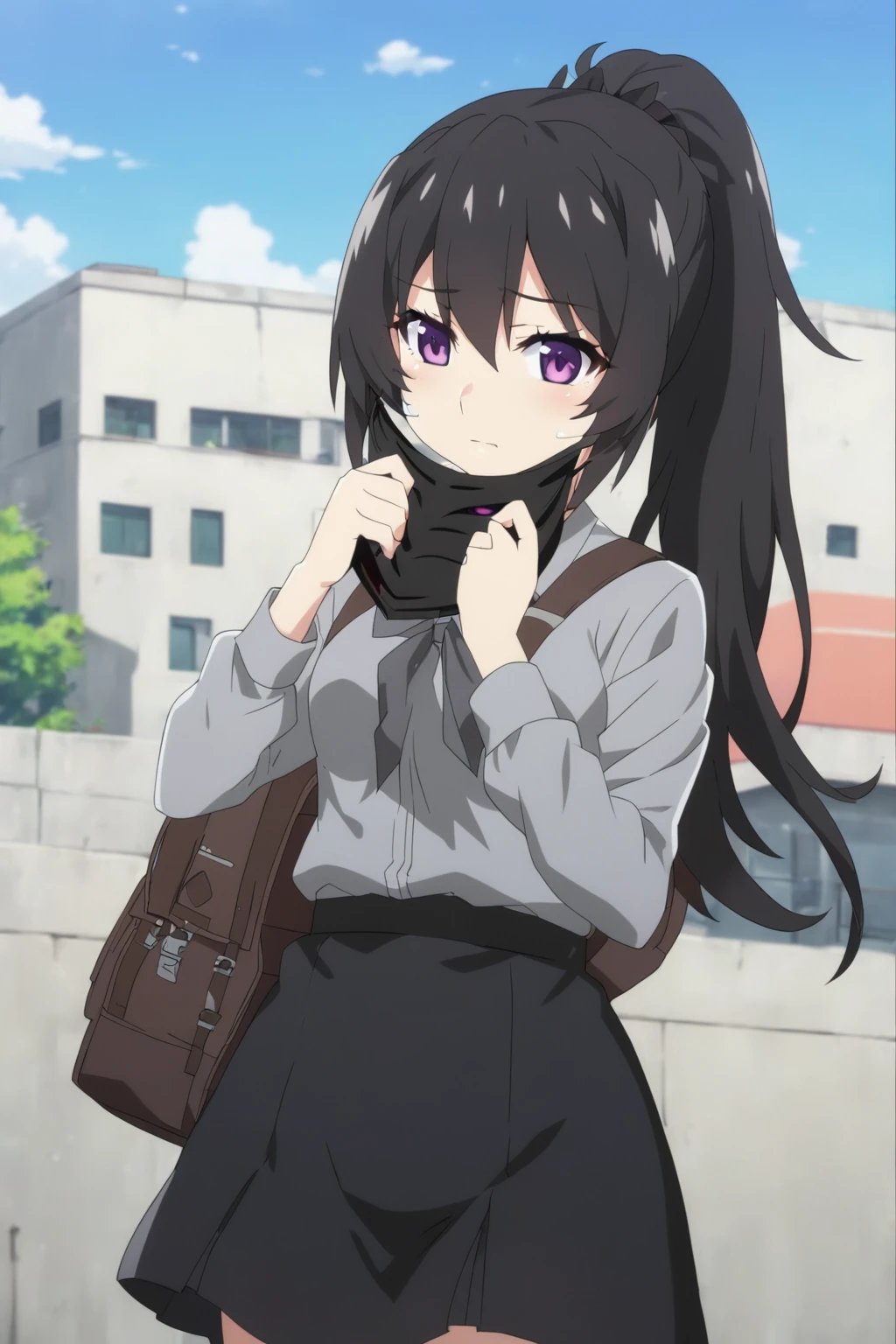 anime girl with a backpack and a mask on her face, purple eyes, anime moe artstyle, cute anime waifu in a nice dress, anime visual of a cute girl, beautiful anime high school girl, gray shirt, short skirt, anime girl with long hair, long straight hair, high quality anime artstyle, from girls frontline, anime style 4k, mature anime girl, anime girl wearing a black dress, kantai collection style,black shiny hair, normal breast