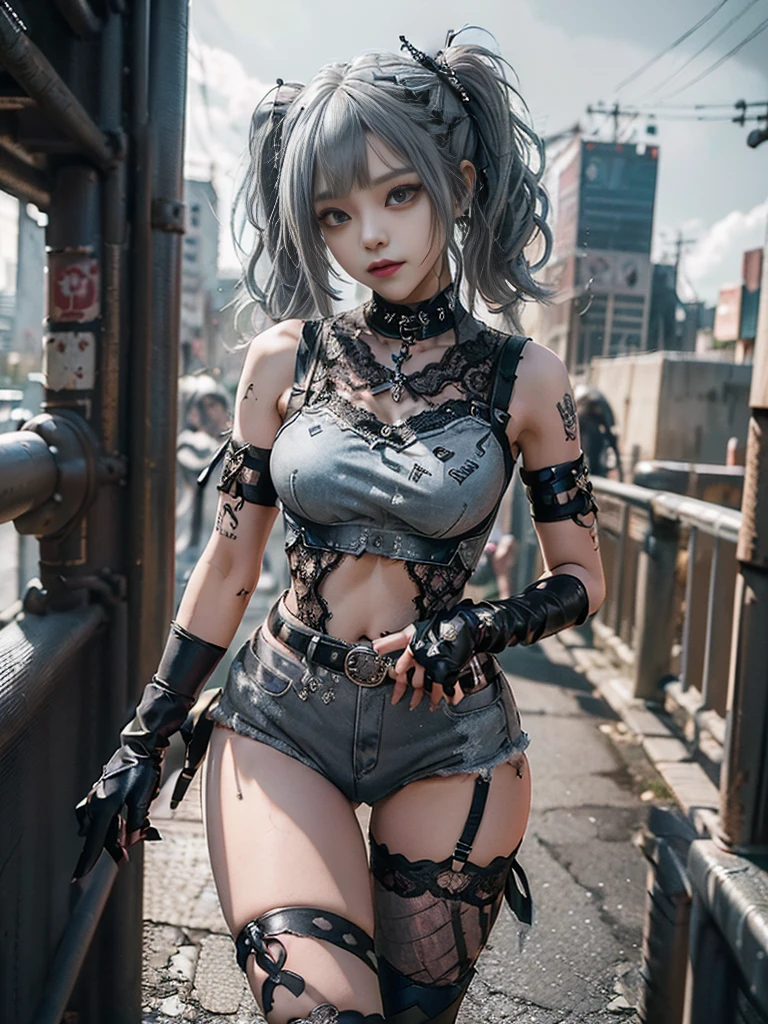 (Full Body View:1.3)、(Side view:1.1)、(Wearing a thong:1.4)、(Accentuate your butt:1.3)、(Smiling with teeth showing:1.3),(Shibuya Gal:1.5)、(Neo-goth style fashion:1.5)、(Punk RockVisual Kei:1.4)、(A high-leg bodysuit in a delicate design of denim, silver and black:1.5)、(Denim, black gloves and sailor shirt:1.5)、(Denim high heels:1.3)、(Wearing silver accessories:1.5)、(Denim collar:1.4)、(Black Leather Garter Belt:1.4)、(Brown Skin Belt:1.3)、(Black lace underwear:1.5)、30 years old、NSFW、((Highest quality、In 8K、masterpiece:1.3))、Sharp focus:1.2、(Layered Cut、Huge boobs:1.1),Beautiful woman with perfect figure:1.4、(Dancing vigorously:1.3)、Slender Abs:1.2、Highly detailed face and skin texture、Detailed eyes、double eyelid,(Twin tails:1.3)、(Grey colored hair:1.3)、Gravure idol、(The Caribbean cityscape in the background:1.3)、(Slim body:1.3),(Make your legs thinner:1.4),(clavicle:1.1)