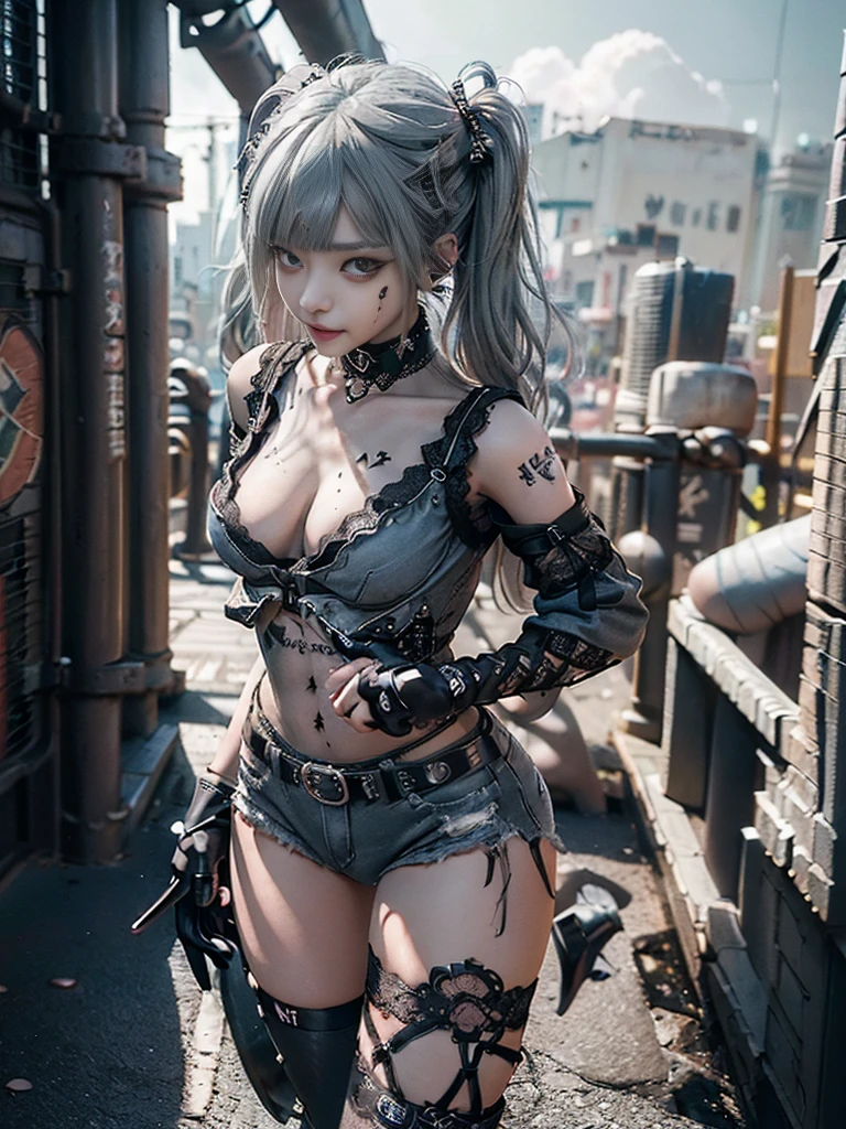 (Full Body View:1.3)、(Side view:1.1)、(Wearing a thong:1.4)、(Accentuate your butt:1.3)、(Smiling with teeth showing:1.3),(Shibuya Gal:1.5)、(Neo-goth style fashion:1.5)、(Punk RockVisual Kei:1.4)、(A high-leg bodysuit in a delicate design of denim, silver and black:1.5)、(Denim, black gloves and sailor shirt:1.5)、(Denim high heels:1.3)、(Wearing silver accessories:1.5)、(Denim collar:1.4)、(Black Leather Garter Belt:1.4)、(Brown Skin Belt:1.3)、(Black lace underwear:1.5)、30 years old、NSFW、((Highest quality、In 8K、masterpiece:1.3))、Sharp focus:1.2、(Layered Cut、Huge boobs:1.1),Beautiful woman with perfect figure:1.4、(Dancing vigorously:1.3)、Slender Abs:1.2、Highly detailed face and skin texture、Detailed eyes、double eyelid,(Twin tails:1.3)、(Grey colored hair:1.3)、Gravure idol、(The Caribbean cityscape in the background:1.3)、(Slim body:1.3),(Make your legs thinner:1.4),(clavicle:1.1)