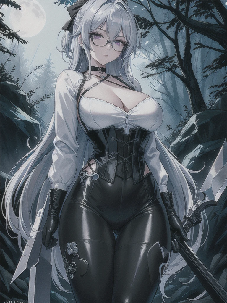 Masterpiece, Beautiful art, professional artist, 8k, art style by sciamano240, rostro de Bronya Zaychik, detailed body, Very detailed face, very detailed eyes, Detailed clothing, detailed fabric, Best Quality, better resolution,  1 girl, front view, big breasts, serious expression,  at night , silver hair, glasses, choker:1.6, (long sleeve white collar buttoned shirt), (shiny black corset), black gloves covering your hands, holding an ax with his hand, (shiny black leggings), looking at the viewer, dark forest, Atmosphere, fog, at night