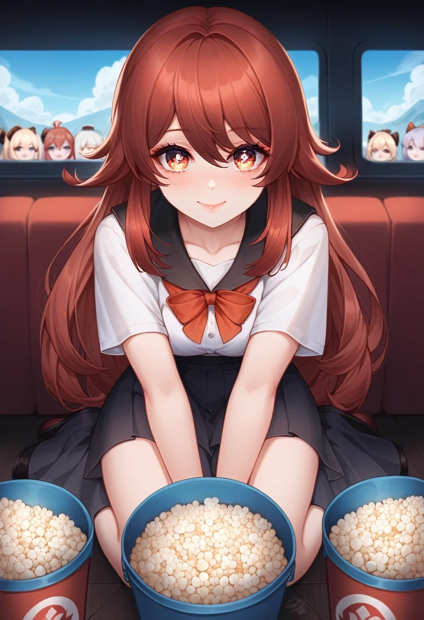 best quality, solo girl, 4k, high resolution , anime girl , young girl, 24 years old, bangs, long hair, cute face, perfect shot, perfect anatomy, detailed face, detailed eyes, cinema background , tall girl , 2 girls, futanari, realistic, 4k , masterpiece, best quality , ilustration, digital art, pov, popcorn, porcon bucket, sitting, watching a movie, full body, , close up, hutao, genshin impact, red seats