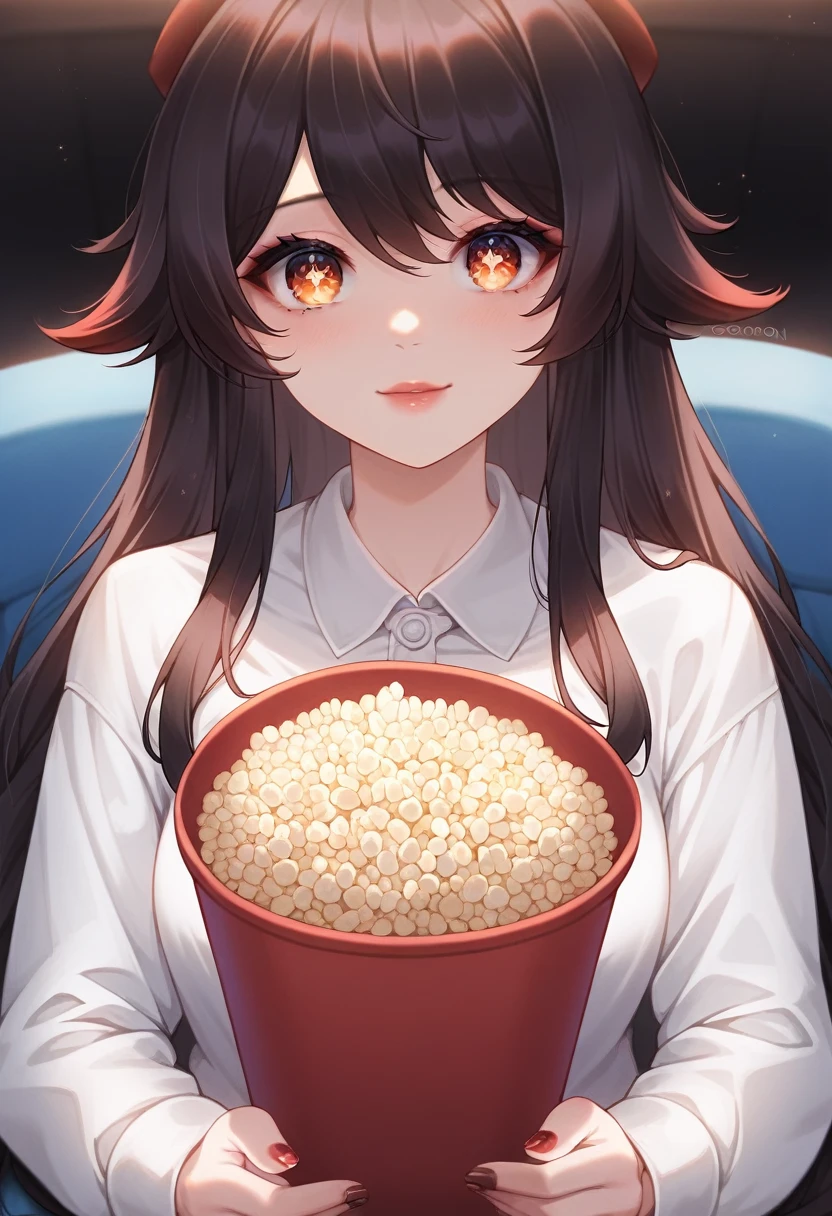 best quality, solo girl, 4k, high resolution , anime girl , young girl, 24 years old, bangs, long hair, cute face, perfect shot, perfect anatomy, detailed face, detailed eyes, cinema background , tall girl , 2 girls, futanari, big penis, horse penis, cockring,realistic, 4k , masterpiece, best quality , ilustration, digital art, pov, popcorn, porcon bucket, sitting, watching a movie, full body, , close up, hutao, genshin impact, red seats, ejaculating, lot of cum, cum in popcorn