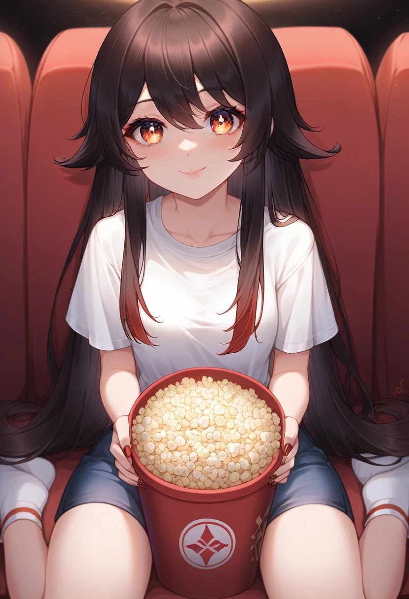 best quality, solo girl, 4k, high resolution , anime girl , young girl, 24 years old, bangs, long hair, cute face, perfect shot, perfect anatomy, detailed face, detailed eyes, cinema background , tall girl , 2 girls, futanari, realistic, 4k , masterpiece, best quality , ilustration, digital art, pov, popcorn, porcon bucket, sitting, watching a movie, full body, , close up, hutao, genshin impact, red seats