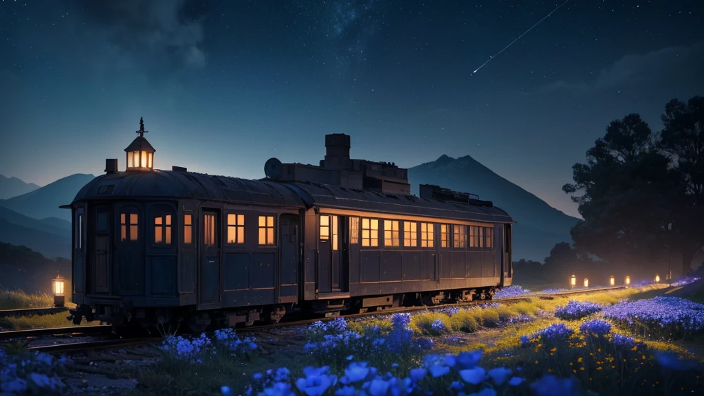 derelict unmanned small old train station and line on the glowing nemophila flowers hill, under a night sky with a full moon, ethereal blue-tinted world, fantasy, highly detailed, 8k, (best quality,4k,8k,highres,masterpiece:1.2),ultra-detailed,(realistic,photorealistic,photo-realistic:1.37),cinematic lighting,dramatic colors,dramatic atmosphere,depth of field,elegant,serene,tranquil,mystical,dreamy