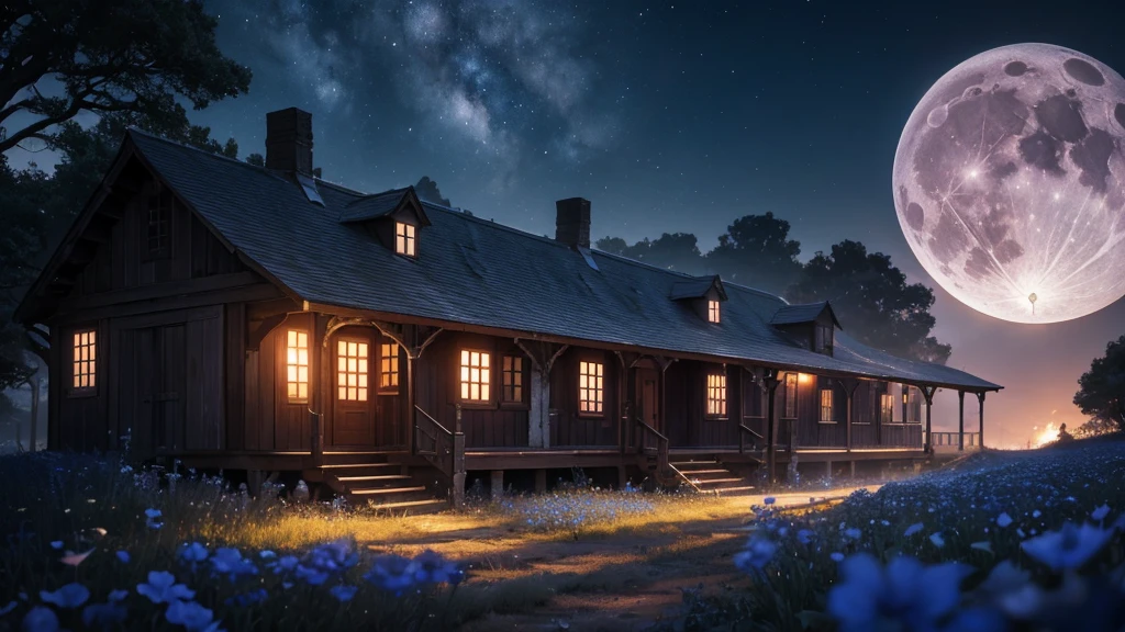 derelict unmanned small old train station and line on the glowing nemophila flowers hill, under a night sky with a full moon, ethereal blue-tinted world, fantasy, highly detailed, 8k, (best quality,4k,8k,highres,masterpiece:1.2),ultra-detailed,(realistic,photorealistic,photo-realistic:1.37),cinematic lighting,dramatic colors,dramatic atmosphere,depth of field,elegant,serene,tranquil,mystical,dreamy