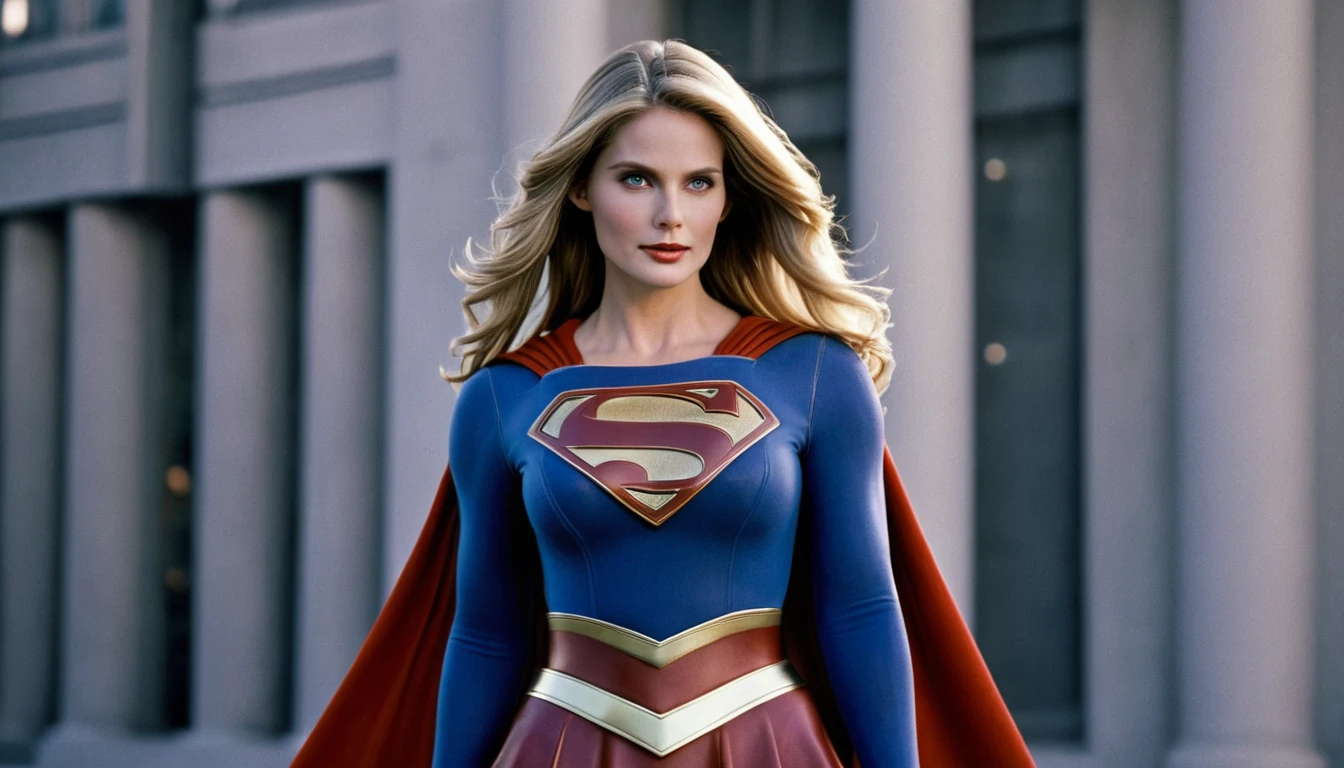 masterpiece, best quality, (high resolution: 1.2), highly detailed, (detailed skin: 1.1), realistic, analog photography,; image with blurred background; foto tirada por fotógrafo profissional; ; Julie Hagerty 1984 Supergirl movie costume (((long hair Grey)))