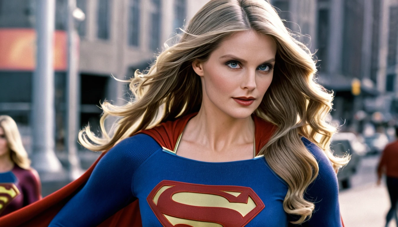 masterpiece, best quality, (high resolution: 1.2), highly detailed, (detailed skin: 1.1), realistic, analog photography,; image with blurred background; foto tirada por fotógrafo profissional; ; Julie Hagerty 1984 Supergirl movie costume (((long hair Grey)))