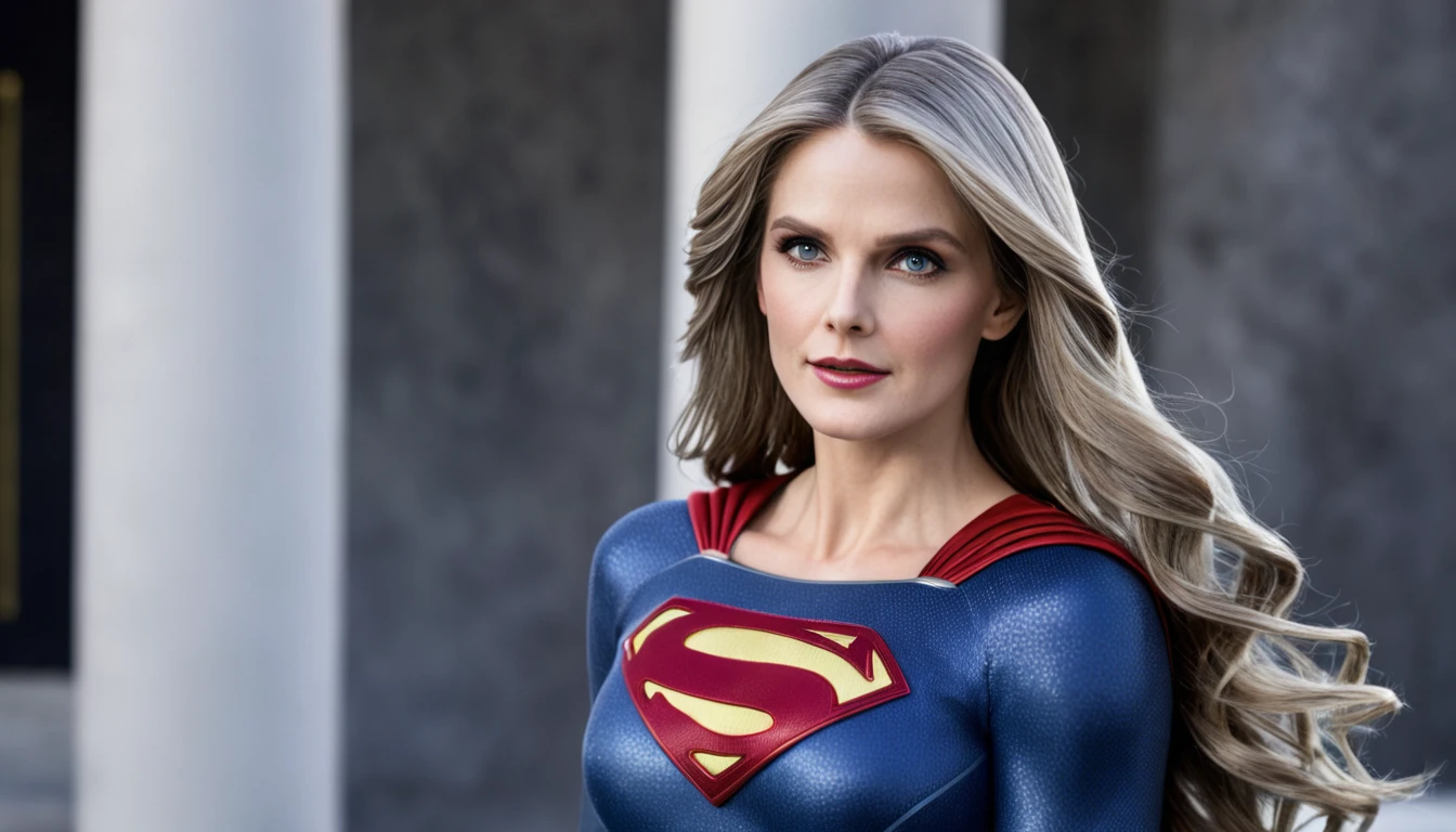 masterpiece, best quality, (high resolution: 1.2), highly detailed, (detailed skin: 1.1), realistic, analog photography,; image with blurred background; foto tirada por fotógrafo profissional; ; Julie Hagerty 1984 Supergirl movie costume (((long hair Grey)))