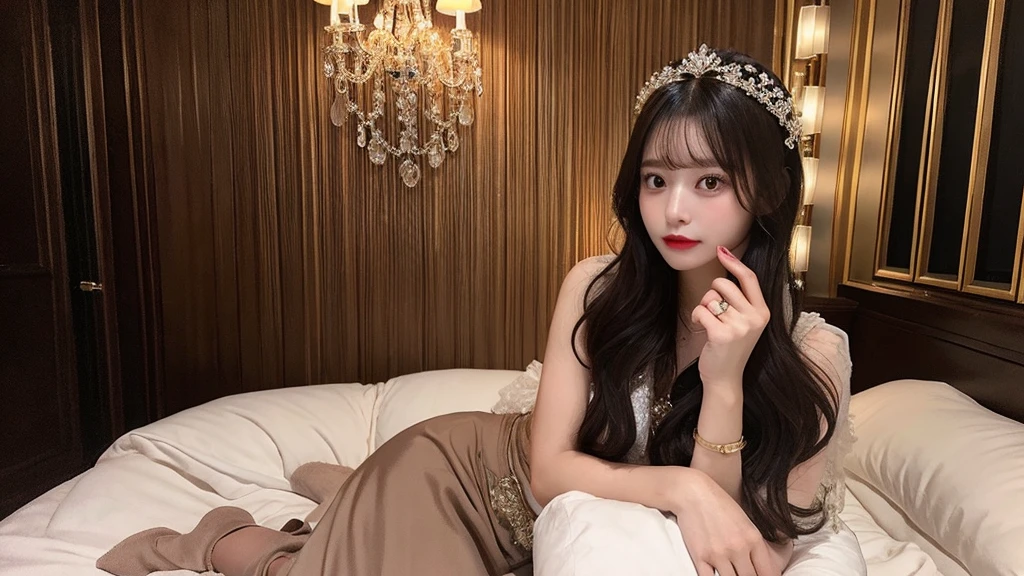 One beautiful goddess、Gorgeous costumes、Luxury Accessories、Luxury Background、Extravagant hairstyles、A woman in a dark room、Sitting on the bed、Having a video call