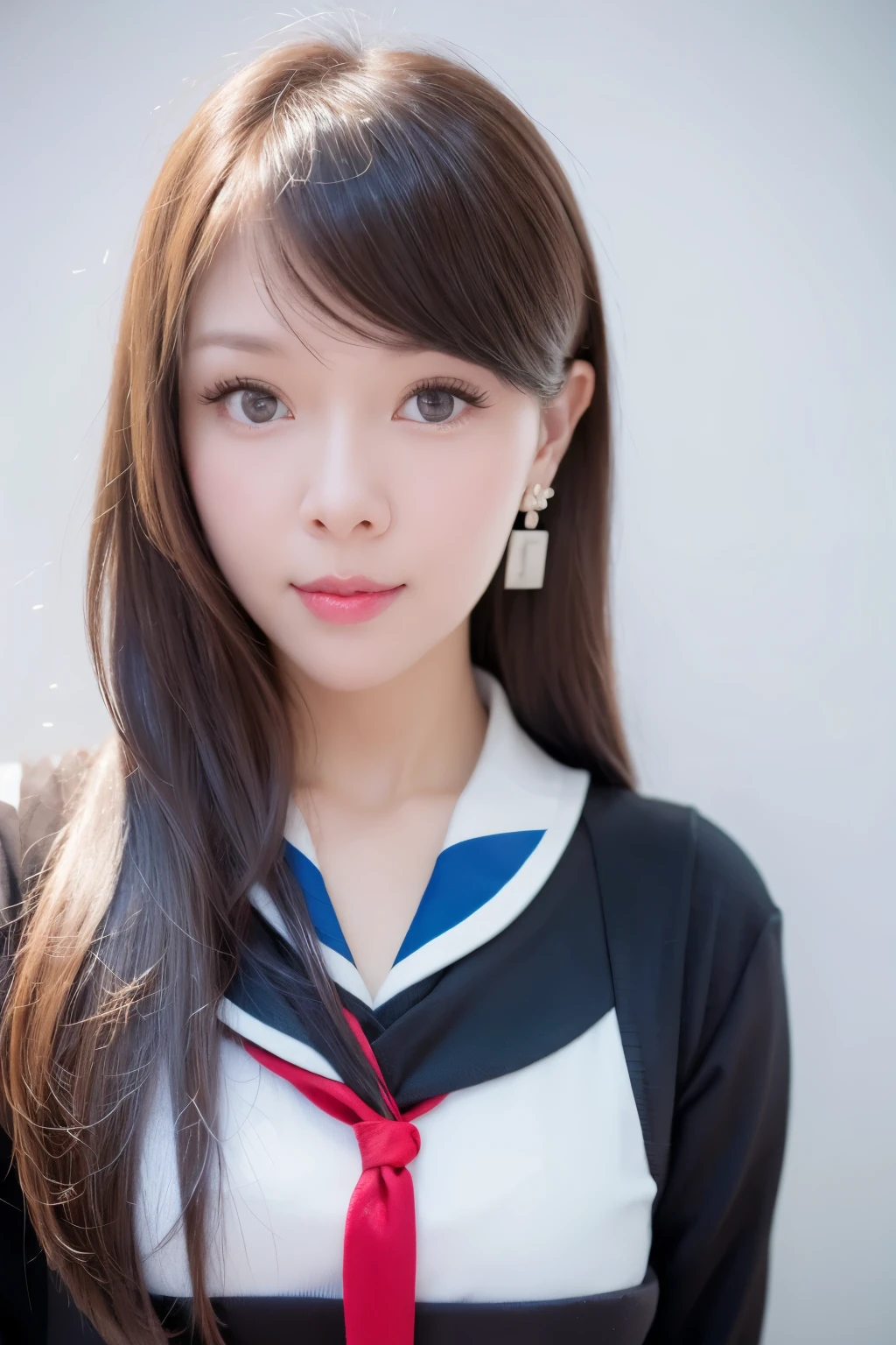 A closeup portrait of a girl in a sailor uniform, with water-colored eyes, long blonde hair, a pleated skirt, earrings, the best quality, masterpiece, highly detailed, realistic, photography, white elbow gloves, jewelry, medium bust, full body, dynamic pose, white background