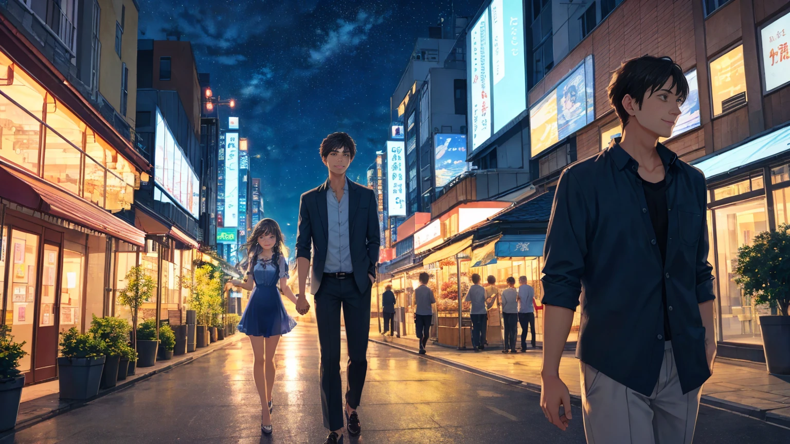Summer night city background、A man and a woman are walking facing forward。Smiling, I look up at the evening sky。The city's night view unfolds in the background。The woman has long, wavy hair that is blowing in the wind.、She is wearing a brightly colored dress with cute frills.。Men have short, neat hairstyles、A handsome man with a sharp jawline and a charming smile。They're walking without holding hands。