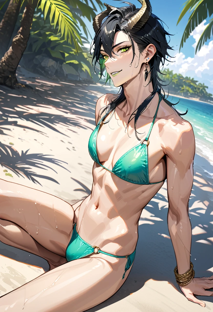masterpiece, highres, absurdres, illustration, ((masterpiece:1.4, best quality)), (Ultra detailed background), 1boy, handsome man, highly detailed beautiful face and eyes, beautiful eyes, (sharp detail:1.3), shiny, earrings, bracelet, (wet bikini:1.3), Bari, Cebu Island, plumeria, near the beach, 1boy, sitting on floor, dynamic angle, full body, malleus draconia (twisted wonderland) horns, bishounen, boy, male, yana Toboso style, long hair, black hair, yellow green eyes, smile, gray lips, handsome, skinny, tall, yellow green glow,AddXL