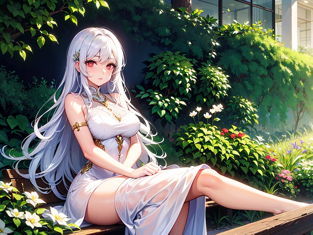 Create a anime style landscape image. Fantasy-style digital artwork featuring a serene night scene by a lake. The layout is vertical, with a woman sitting on the edge of the water under a large tree. She has long, flowing hair and fair skin, wearing a detailed, flowing dress in shades of orange and blue. Her facial features are soft and serene, with a gentle expression. The scene is illuminated by a glowing orb in her hand, casting a warm light that reflects off the water and surrounding area. The background includes a starry sky with a bright moon and distant mountains, adding to the mystical atmosphere. Small, glowing particles float around her, enhancing the magical feel of the image.