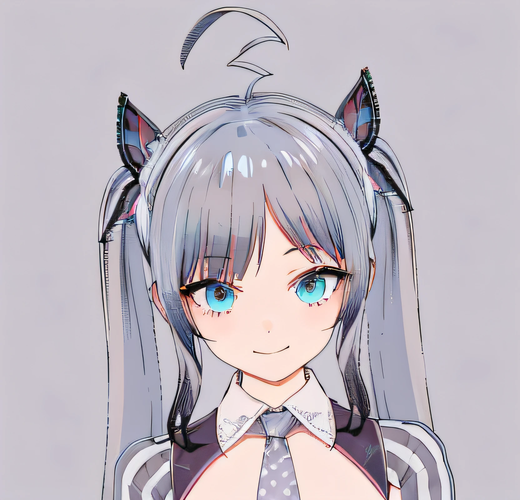 Anime girl with cyan eyes and ears tie, anime styled 3d, render of a cute 3d anime girl, nyaruko-san, live2d virtual youtuber model, Stylized anime, Realistic anime 3 D style, Anime Stylization, Anime girl with butterfly hair decoration, Anime moe art style, Gray double tail hair and cyan eyes，ssmile，Black hair ends，evil grin smile