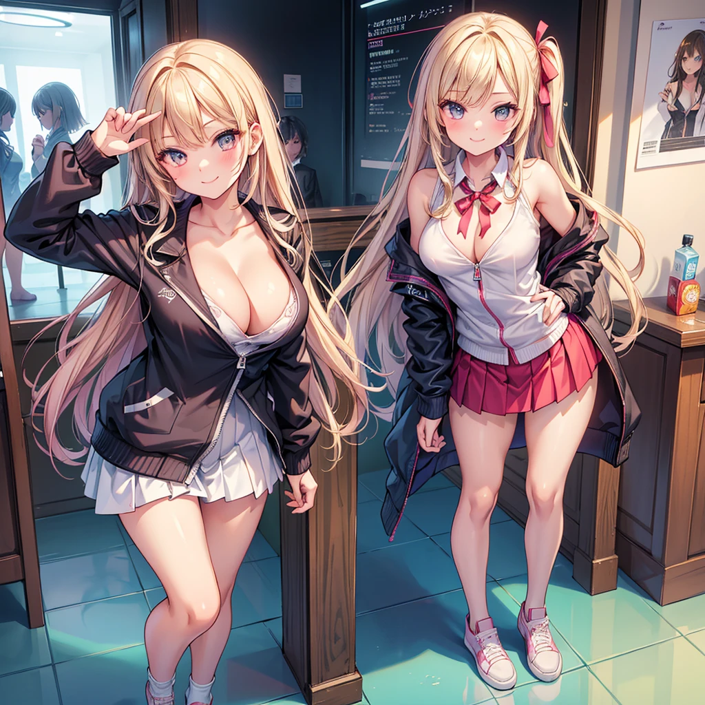 (best quality,8K,high school girl,zippered track jacket,smiling,gravure idol,Model,beautiful girl,down，The room，Adult， hair,alluring Multiple girls are depicted，uniform，cardigan，blazer，Ribbon on uniform，girl,masterpiece,highest masterpiece,long hair,perfect face,big bust,cleavage,erotic cute,sexy girl)，Angelic cute girl，Naughty Girls，Too beautiful girl，Future Fashion，Cutting-edge fashion，Model，Full body image，perfection，Colorful，Girls Fashion，perfection，Colorful，３There are 2 girls depicted