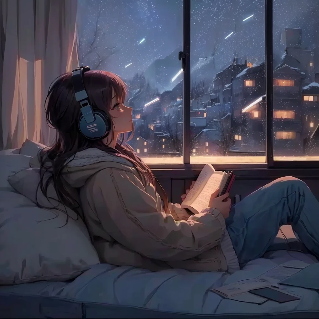 anime girl assise sur le lit avec des écouteurs en lisant un livre, ambiance animée, écouter de la musique à 2 heures du matin, ambiance relaxante, fille lofi, esthétique animée, art lofistyle, fond d'écran confortable, atmosphère relaxante, in style of Makoto Shinkai, fille lofi aesthetic, noyau nocturne, anime atmosphérique, art lofi, ( ( Makoto Shinkai ) )