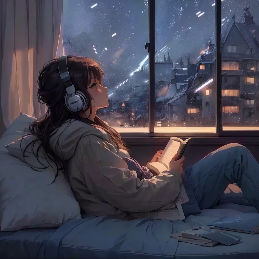 anime girl ise sur le lit avec des écouteurs en lisant un livre, ambiance animée, écouter de la musique à 2 heures du matin, ambiance relaxante, fille lofi, esthétique animée, art lofistyle, fond d&#39;écran confortable, atmosphère relaxante, in style of Makoto Shinkai, fille lofi aesthetic, noyau nocturne, anime atmosphérique, art lofi, ( ( Makoto Shinkai ) )
