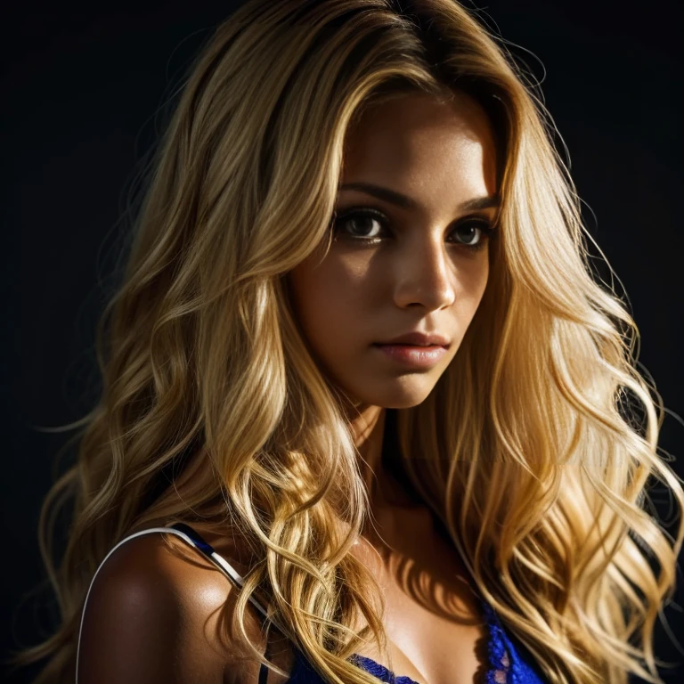 A brazilian woman with long, curly blonde hair looks intently ahead against a dark background.