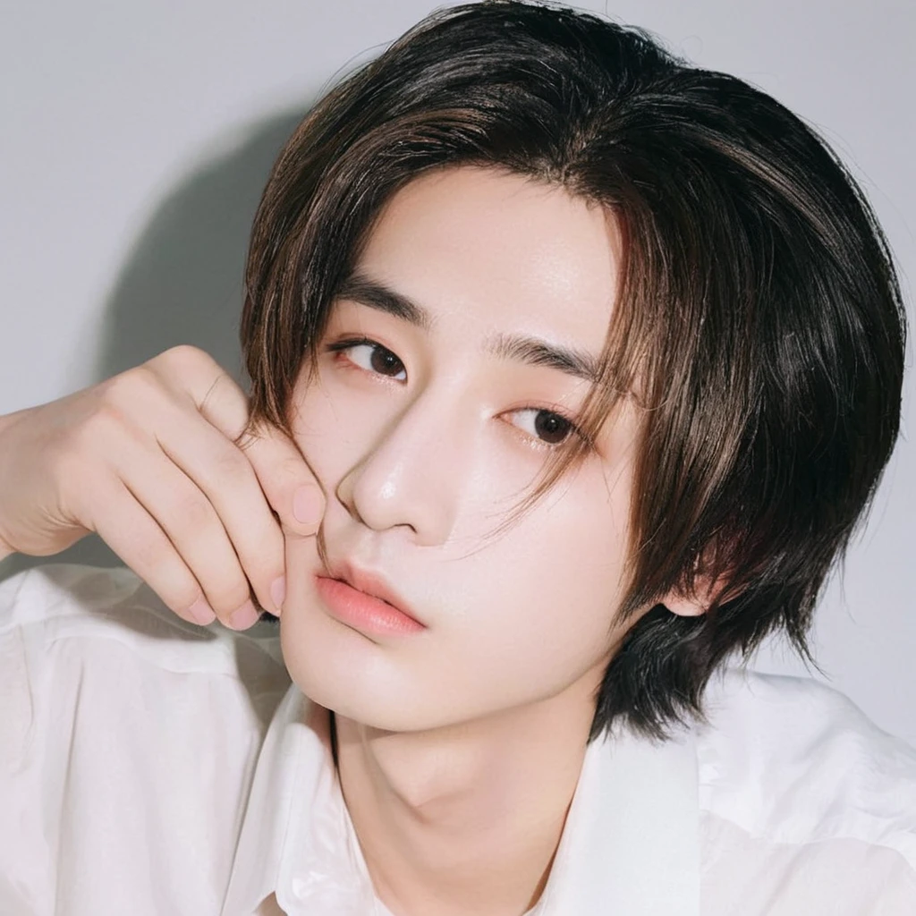 Arafed image of a man in a white shirt and tie., cai xukun, jinyoung shin, with short hair, Jung Jaehyun, hyung tae, 1 7 - year - old thin face boy, wicked ulzzang, pale korean adorable face, hong june hyung, kim taejin, jaeyeon nam, androgynous face, thin face boy, Detailed realistic blonde color hair, Masterpiece